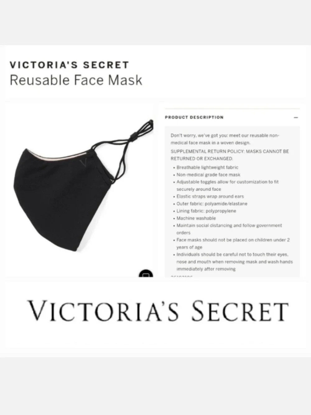 Victoria's secret reusable face mask BLACK